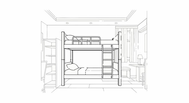 Minimalist line art sketch of a bunk bed in a room