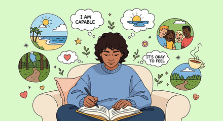 Fototapeta premium Young person journaling their thoughts and dreams, surrounded by inspiring imagery of nature and positive affirmations, symbolizing self-discovery and personal growth