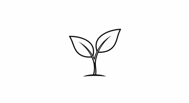 Minimalist outline drawing of a seedling with two leaves emerging from soil