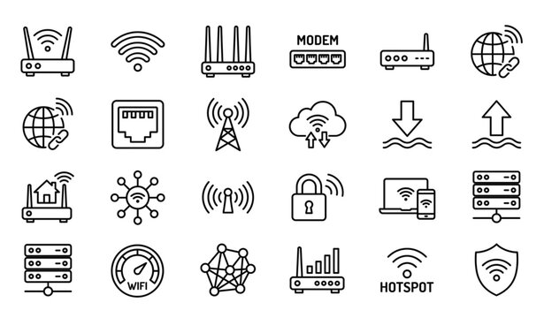 WiFi router line icon set with wireless network symbols modem and internet connection elements for web and mobile UI design