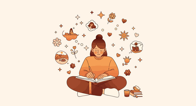 Serene young woman journaling her thoughts and creative aspirations, surrounded by a vibrant, whimsical swirl of imaginative symbols and inspiring ideas, fostering personal growth