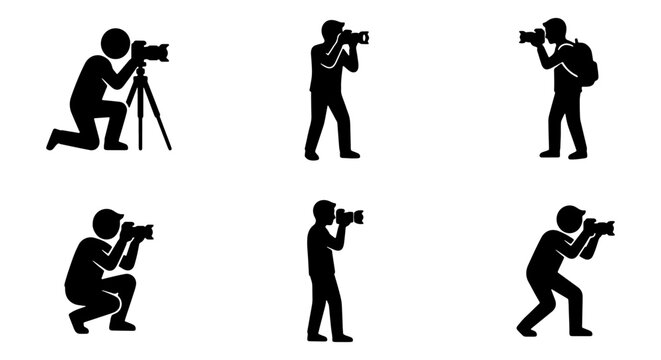 Photographer silhouette icon set, professional cameraman figures with digital cameras and tripod, 6 black vector pictograms for photography services