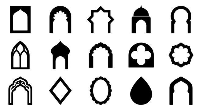 Islamic arch silhouette collection, 15 oriental window and door icons, black arabic frame set, middle eastern architectural elements for ramadan