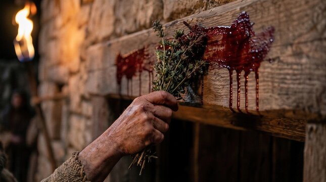 Biblical Hebrew Man Marking the Wooden Door Frame of a Stone House with Lamb&rsquo;s Blood Using Hyssop During Passover