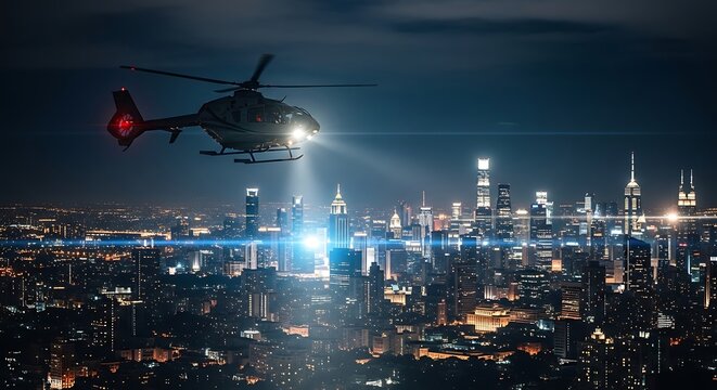 Helicopter flying over city lights at night.