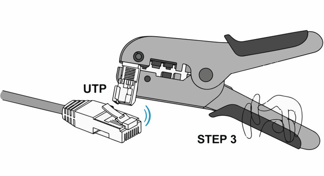Network cable connector crimping tool and UTP cable plug in a diagram