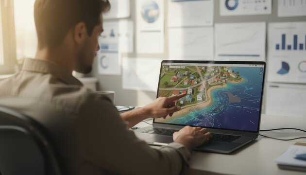Consultant points to storm surge simulation on a laptop concentrating on insurance coverage gaps for a coastal village surrounded by blurred graphs and climate data charts.