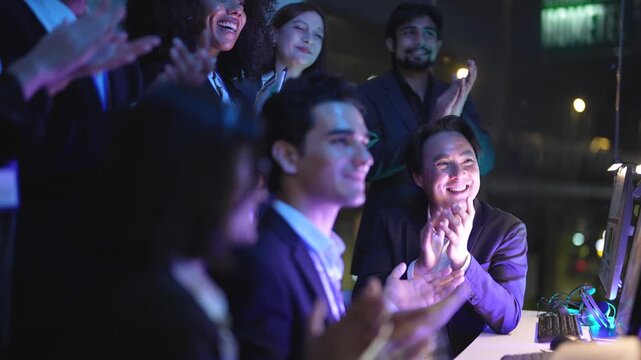 Systems architect reviewing analytical dashboards inside a sophisticated dark workspace hub with immersive neon blue monitor glow and professional cinematic lighting effects during night shift.