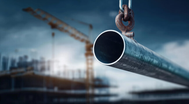 Heavy industrial steel pipe suspended dramatically on crane hook against moody construction site background.

