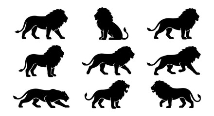 Lion silhouette vector set, 9 black lion icons in various poses, majestic male lion standing and walking silhouettes, wild animal graphic elements © Sazzad