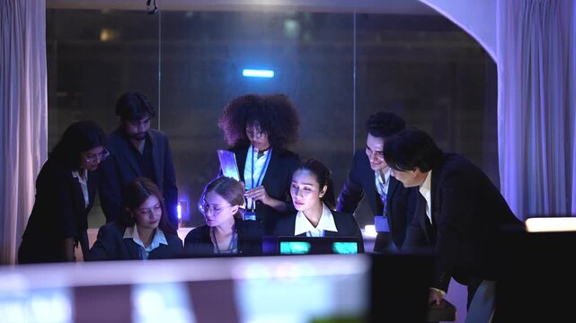 Cyber security expert managing digital safeguard protocols inside a sophisticated dark workspace hub with immersive neon blue monitor glow and professional cinematic lighting effects during ni...