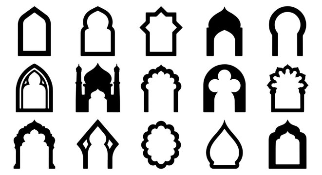 Islamic arch window set, 15 black silhouette oriental door frames, traditional arabic mosque architecture elements, middle eastern decorative borders