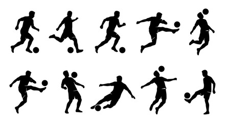Soccer player silhouettes set, 10 football athlete vector elements, professional soccer players kicking and dribbling ball, athletic sports figures © Sazzad