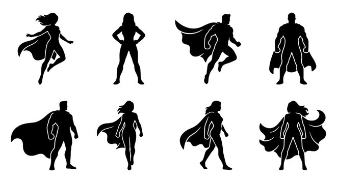 Superhero silhouette collection, set of 8 powerful male and female hero characters in capes, black vector icons of brave comic book figures