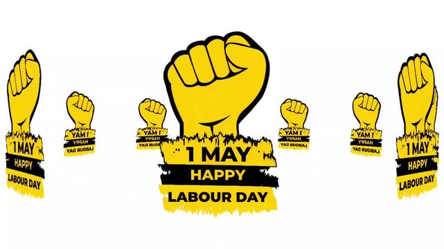 Happy Labour Day May 1st Animated Raised Fist Solidarity Symbol on White Background