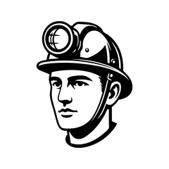 Logotipo con dibujo minimalista con líneas de la cara de un minero con casco con linterna frontal © teracreonte