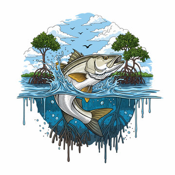 Snook fish jumping out of water with mangrove forest background vector illustration