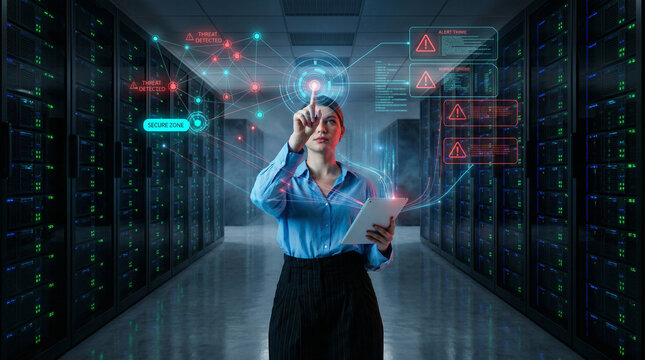 Cybersecurity analyst woman responding to network threat in server room