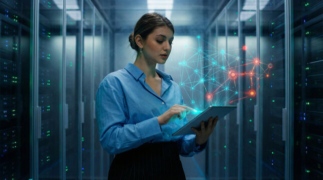 Network data analyst woman examining digital connections on tablet