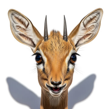 Close-up portrait of a cute dik-dik antelope with large eyes and small horns
