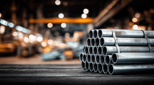Bundled galvanized steel pipes stacked neatly inside dimly lit industrial manufacturing warehouse facility.