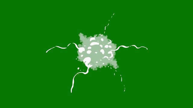 Smoke explosion visual fx, cartoon 2d hand drawn smoke burst, anime spark energy blast, flash puff dust transition on green screen background 4k animation