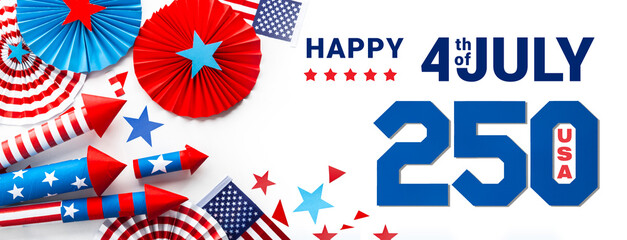 USA 250 anniversary greeting card . Fourth of July design with patriotic decor . American Independence celebration layout 4 th of july. © TSViPhoto