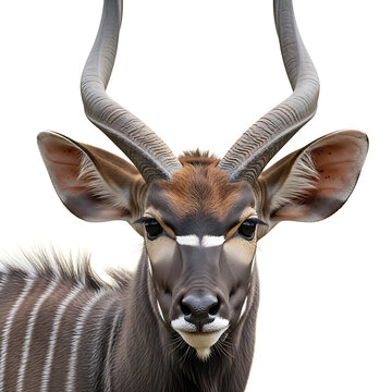 Close-up portrait of a majestic nyala antelope with large spiral horns