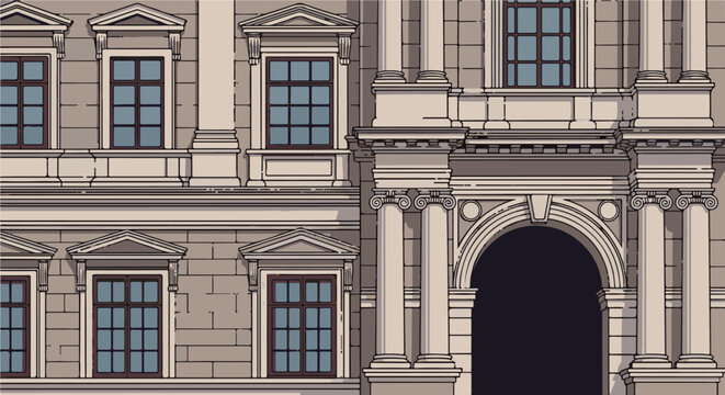 Ornate architectural facade with arched entryway and classical columns