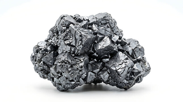 Galena mineral cluster with cubic crystal structures on a white background
