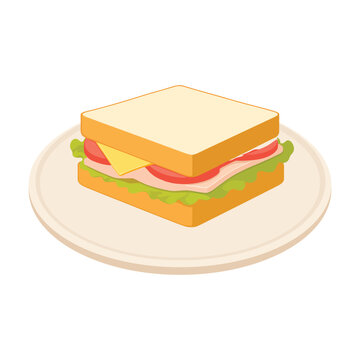 Sandwich on Plate Vector Illustration, Minimal Flat Lunch Meal Design, Clean Bread and Cheese Sandwich Graphic, Modern Food Presentation Concept, Simple Kitchen Meal