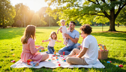Fototapeta premium Joyful family picnic in sunny park, celebrating togetherness