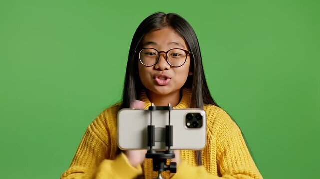 Young Female Content Creator Speaking to Camera Recording Video with Smartphone on Green Screen Background for Tutorial and Online Content