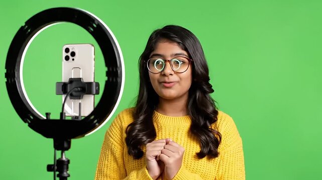 Surprised Young Female Content Creator Recording Reaction Video with Smartphone and Ring Light on Green Screen Background