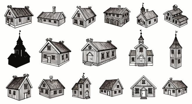 Collection of Hand-Drawn Houses and Buildings in Sketch Style, Architectural Elements