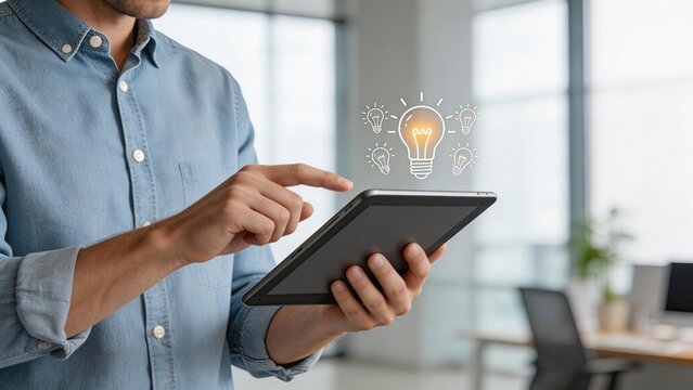 Man holding tablet with light bulb icons symbolizing innovation and digital creativity in modern office setting business concept for technology and idea generation