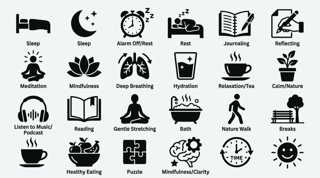 Mindfulness and Wellness Activities Set with Text Labels Black Icons