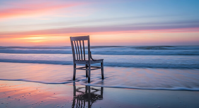 Solitary wooden chair reflecting vibrant sunset hues on serene ocean beach with dreamy effects