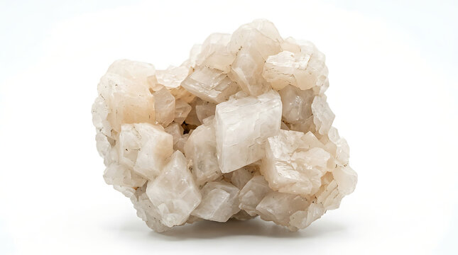 Macro shot of a light brown calcite crystal cluster on a white background