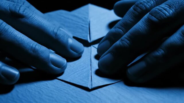 Hands folding paper creating origami