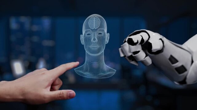 Illustrating the synergy between human and robot, this image captures the essence of AI technology with data visualization in a modern workspace, showcasing innovation. Synapse