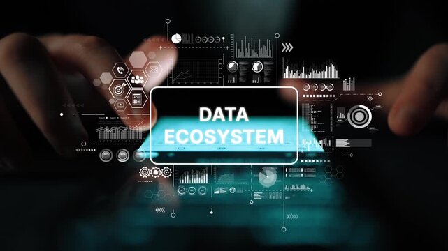 Modern Data Ecosystem Concept with Graphs, Charts, and Digital Interface for Business Analytics and Technology Innovation. Asymptotic smart data analytic.