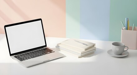 Fototapeta premium Minimal pastel workspace with laptop and stacked books clean productivity scene