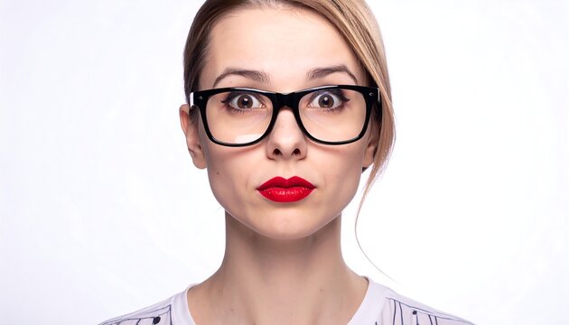 A portrait features a light-haired woman with large black glasses and red lipstick against a plain white backdrop. Her expression is surprised
