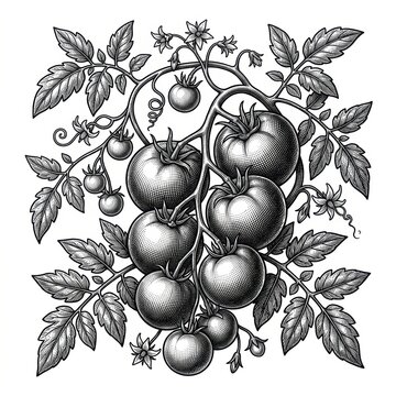 Tomato branch plant, botanical sketch engraving vector illustration with scratchboard effect.