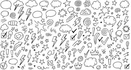 Fototapeta premium Hand drawn doodle elements set, black ink sketch icons including speech bubbles, stars, and lightning bolts, comic style vector illustrations
