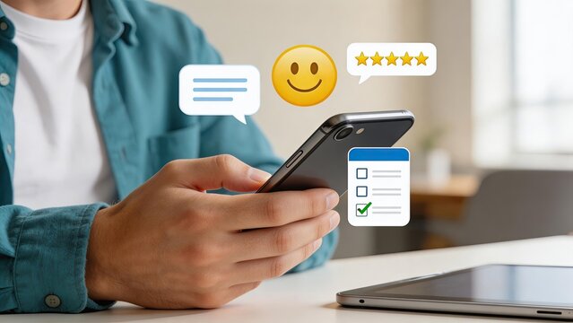 Man holding smartphone with floating icons of five star rating smiley face chat bubble and checklist symbolizing customer satisfaction positive feedback survey and mobile app