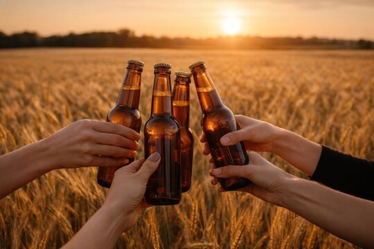 Celebration with beer bottles outdoors.