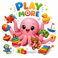 Naklejka premium Colorful octopus with toys promoting playtime and learning for children in cheerful illustration