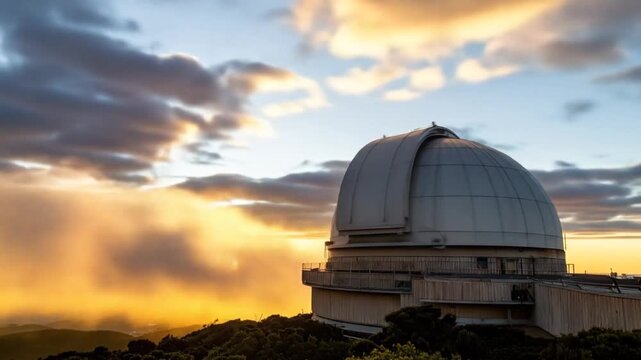 Observatory at Sunset: Time-Lapse of Clouds and Birds Flying by